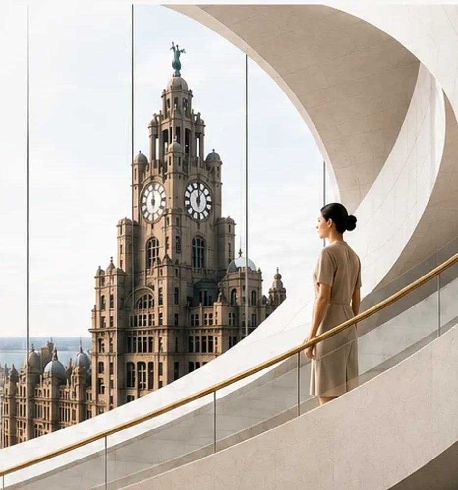 The Royal Liver Building seen from a curved marble balcony, a clinician looking out across the Liverpool waterfront
